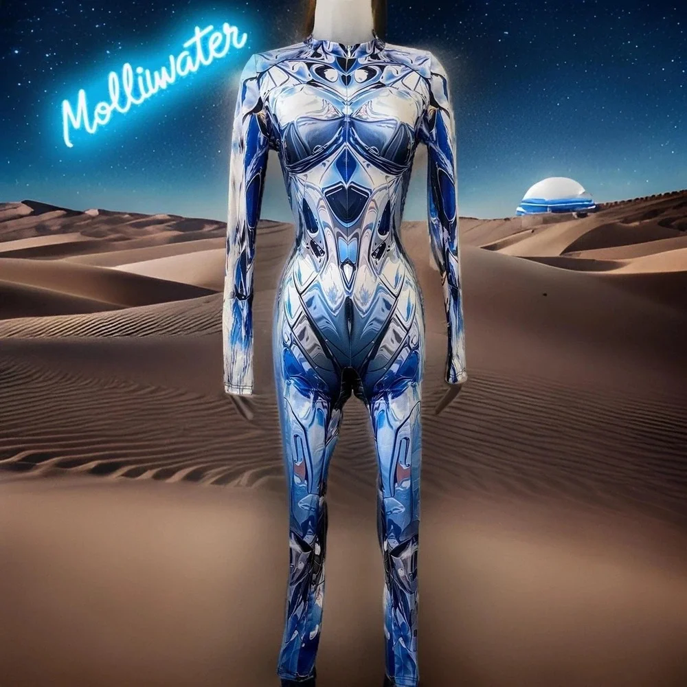 New Small Mirror Spandex Jumpsuit Catsuit Rave Illusion Blue Metallic Futuristic